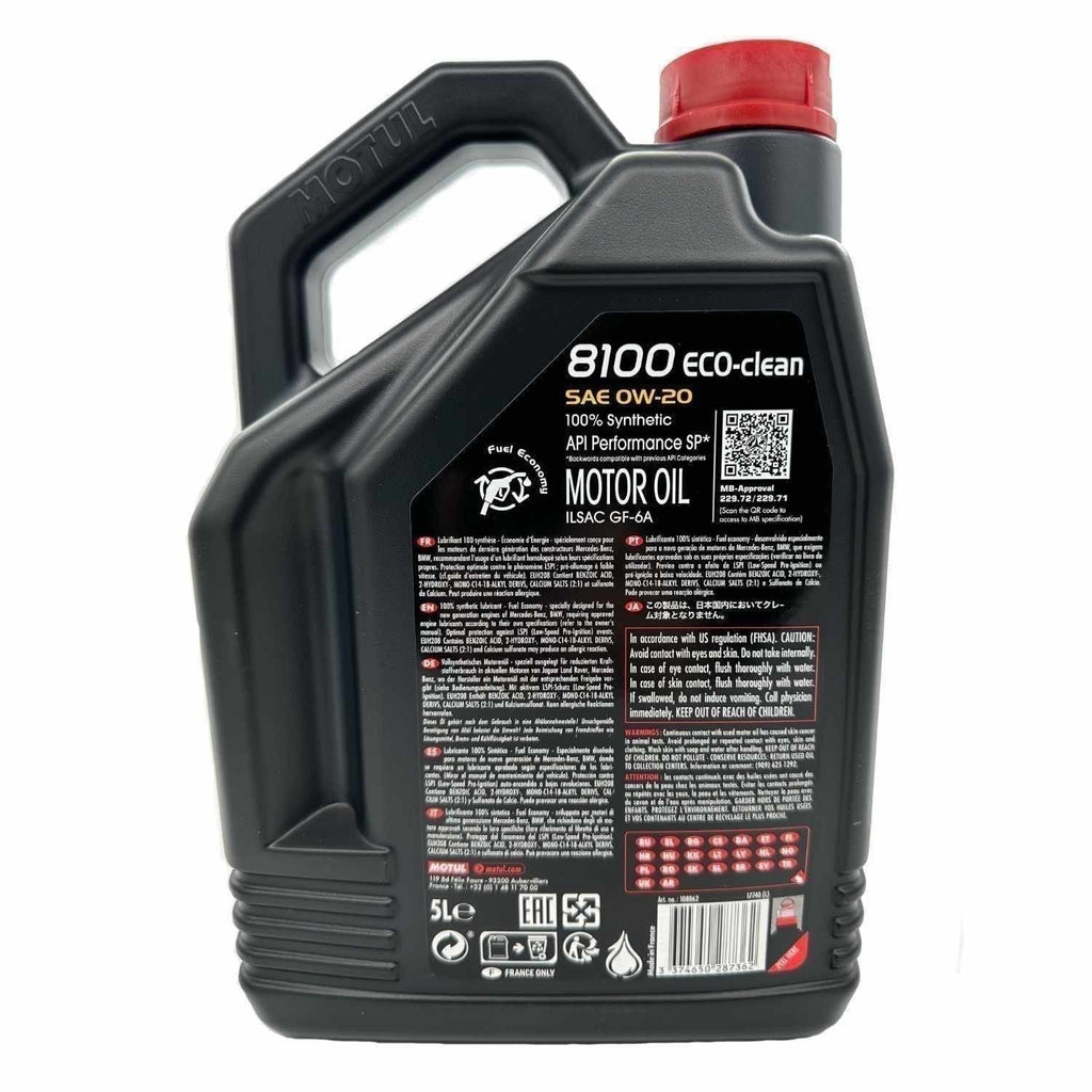 Motul 8100 ECO-CLEAN 0W-20 Motor Oil 5L - Synthetic Engine Oil