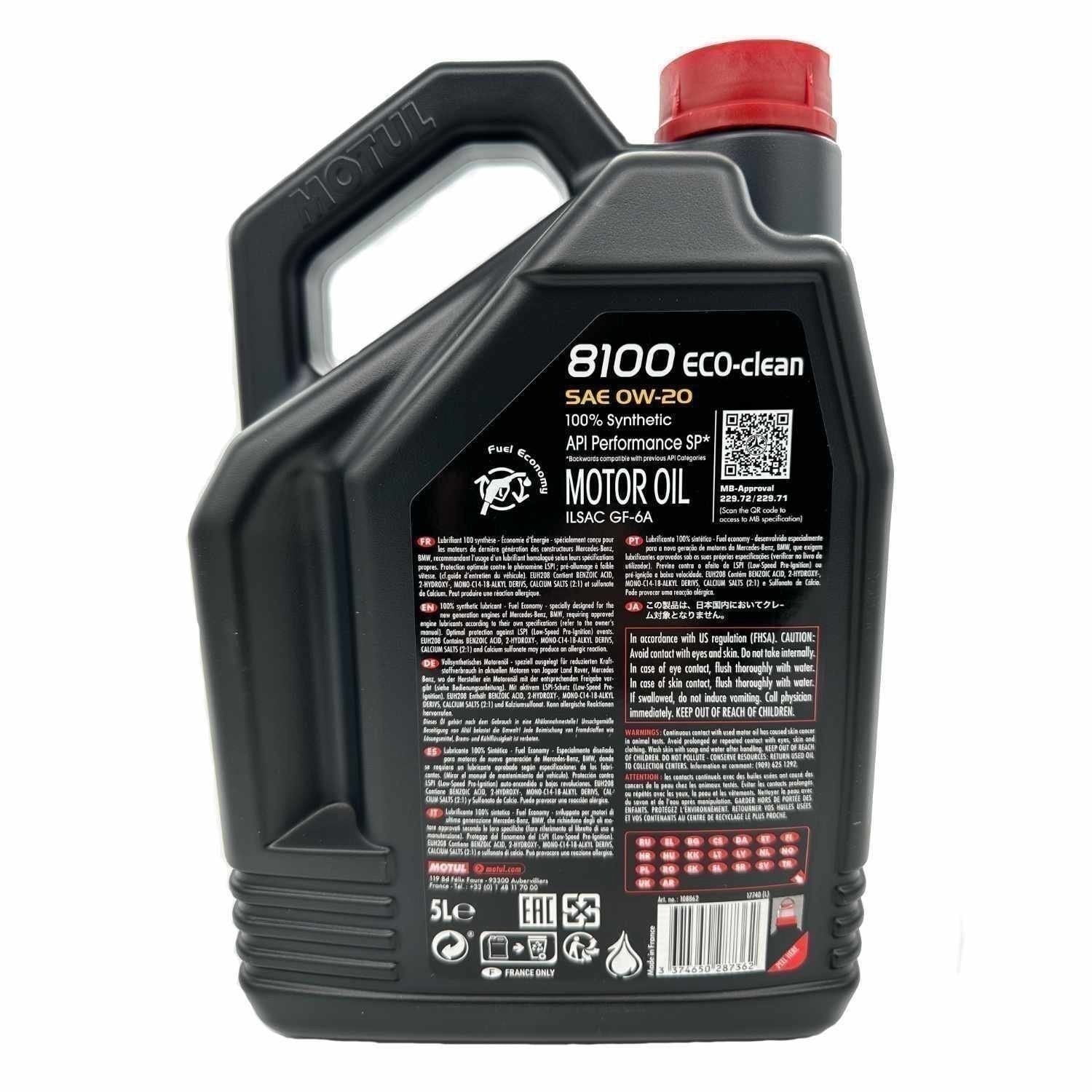 Motul 8100 ECO-CLEAN 0W-20 Motor Oil 5L - Synthetic Engine Oil