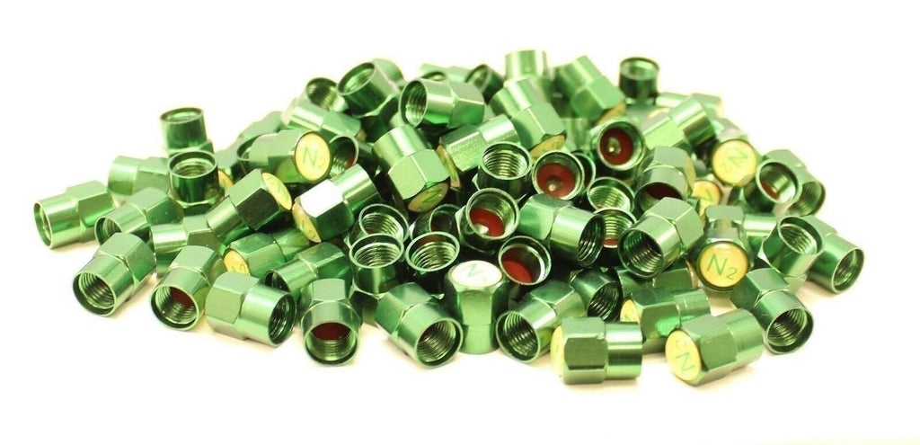 Nitrogen N2 Green Aluminum Tire Valve Caps - Pack of 100 (59-0019)