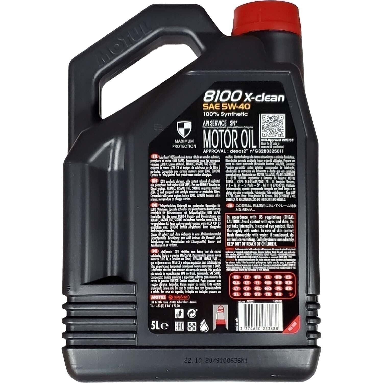 Motul 8100 X-Clean 5W40 Synthetic Motor Oil 5L - High Performance Engine Oil