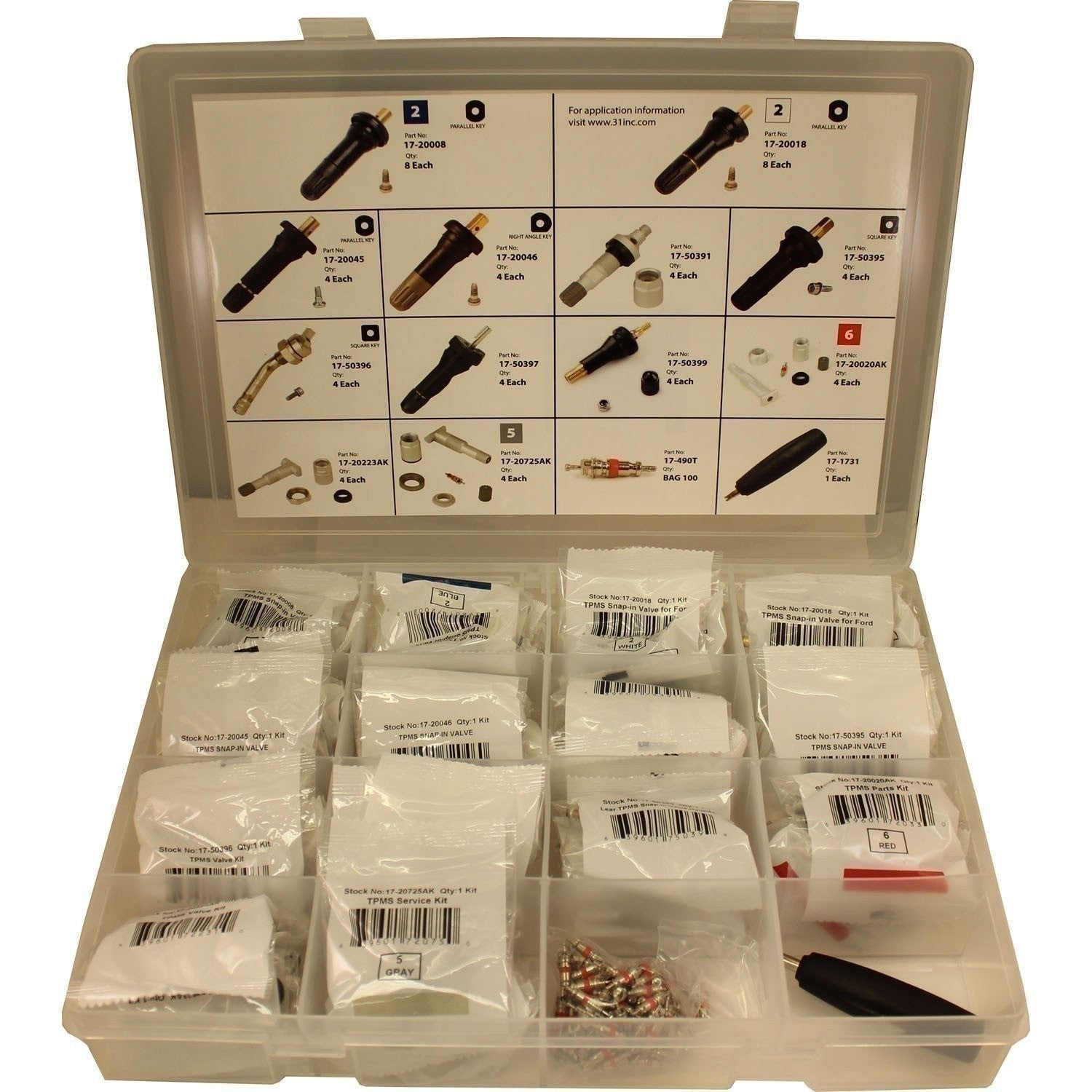 31 Inc TPMS Valve Assortment Kit with Cores & Torque Tool - Model 17-21307