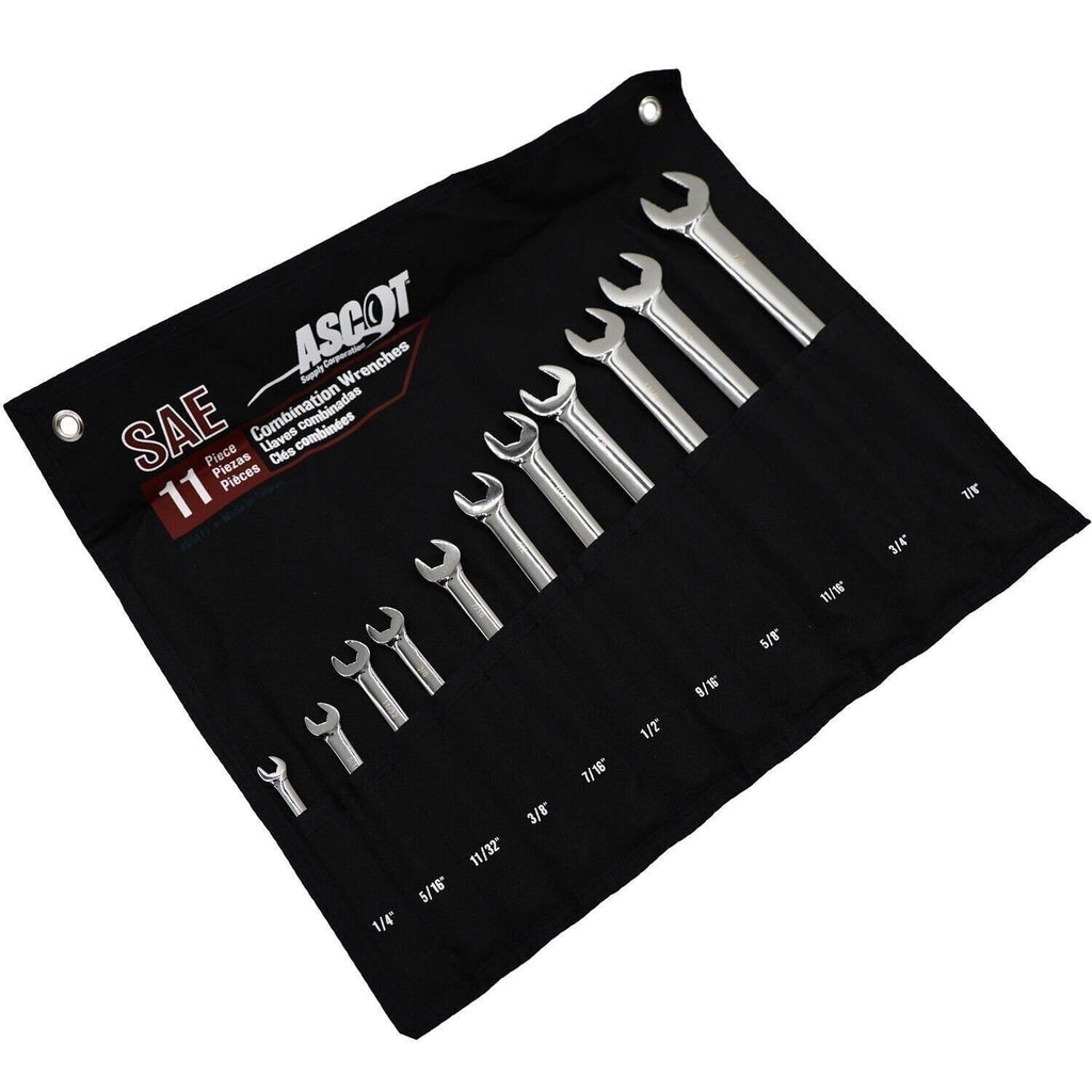 Ascot 11-Piece SAE Combination Wrench Set - Long Handle, Durable Tools