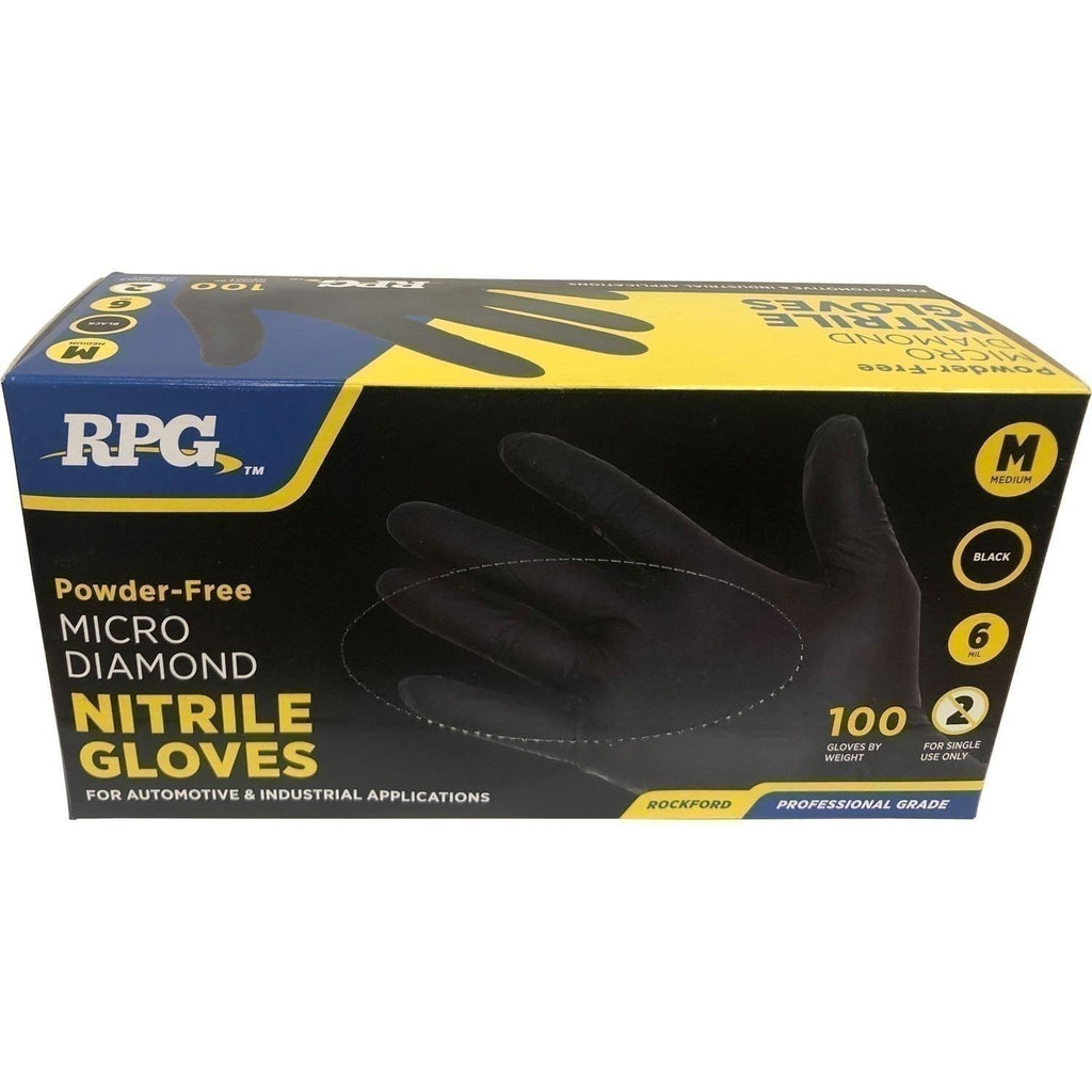 RPG Micro Diamond Black Nitrile Gloves Medium 6 Mil Powder Free 100 Count