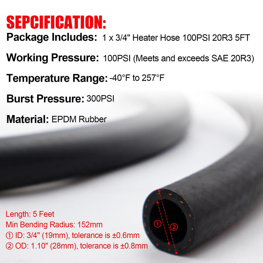 3/4"Heater Hose Coolant Radiator Straight 100PSI SAE 20R3 Standard 5FT-HOT!