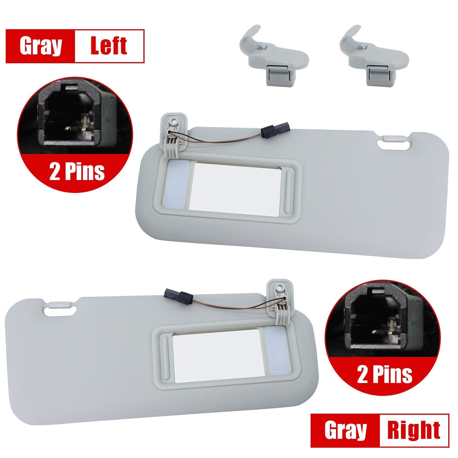 2PS Left & Right Side Gray Sun Visor with Light & Clip For 2010-2013 Mazda 3