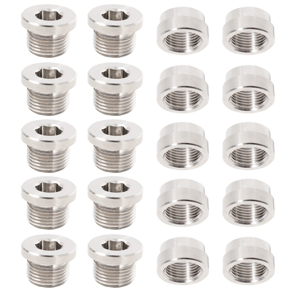 10 Set Oxygen Sensor Weld On Stainless Steel Bung + Hex Plug Cap Kit M18x1.5