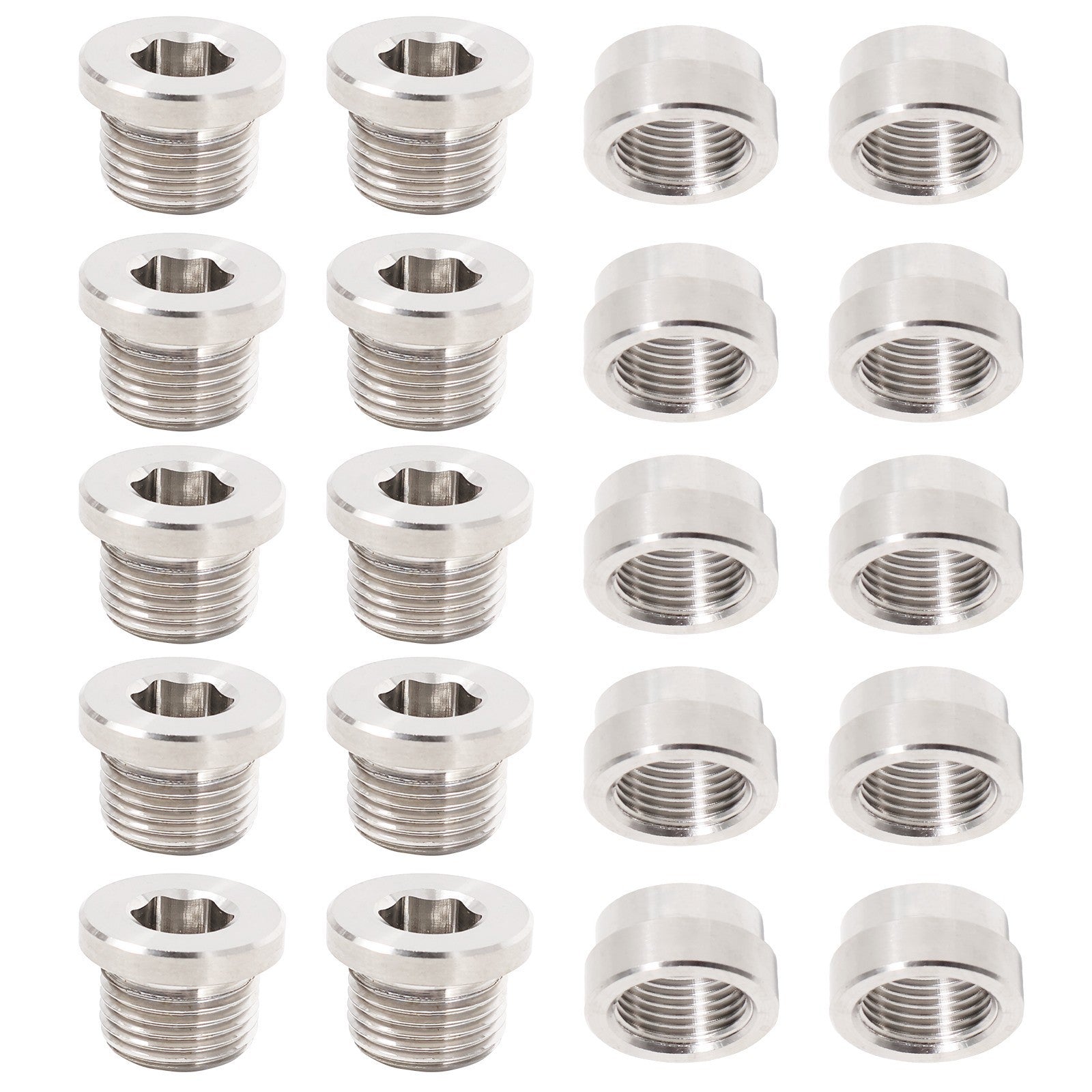 10 Set Oxygen Sensor Weld On Stainless Steel Bung + Hex Plug Cap Kit M18x1.5