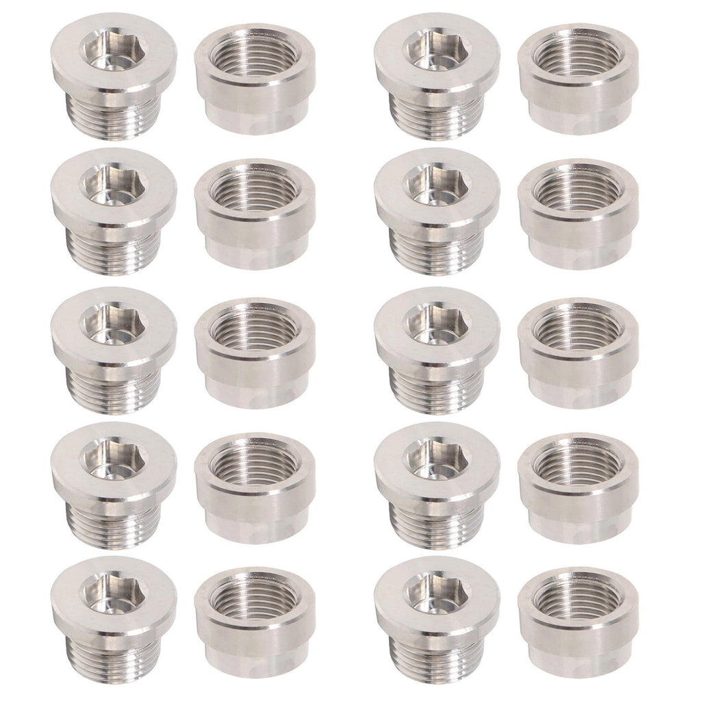 10 Set Oxygen Sensor Weld On Stainless Steel Bung + Hex Plug Cap Kit M18x1.5