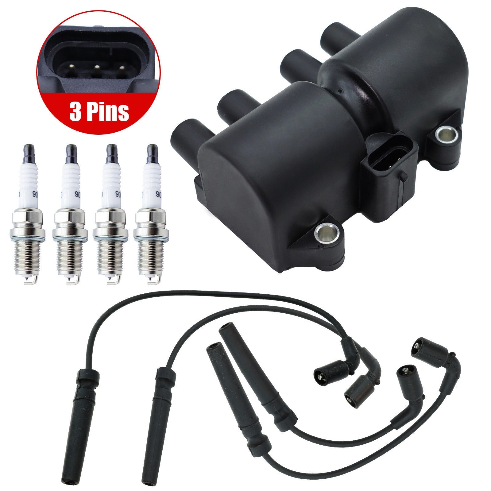 Ignition Coil + 4 Spark Plug + 4 Wires For Chevy Aveo Pontiac Wave Suzuki UF503