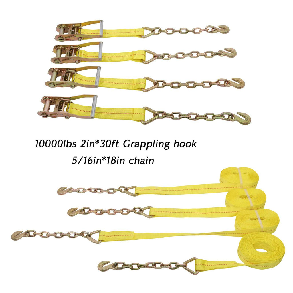 4-Pack 2 Inch x 30 Ft Chain Ratchet Straps 10000lbs with Chains & Grab Hooks