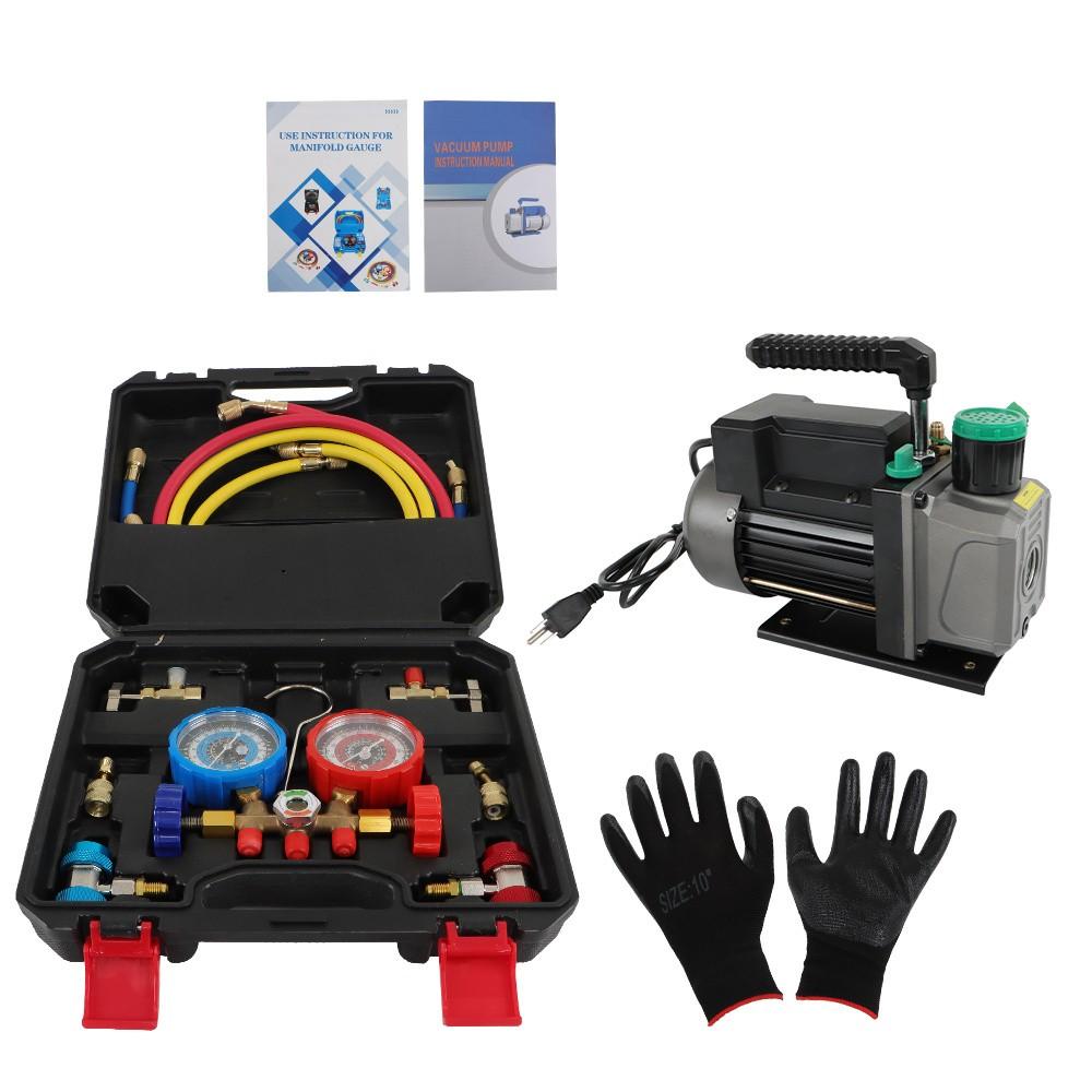 1/3 HP 4 CFM Air Vacuum Pump MANIFOLD GAUGE Set HVAC AC Refrigerant Kit