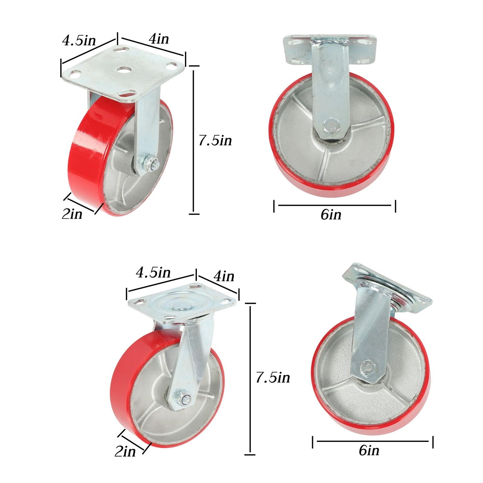 4 Pack 6" × 2" Swivel Caster Wheels 4800Lbs Polyurethane (2 Swivel & 2 Rigid)