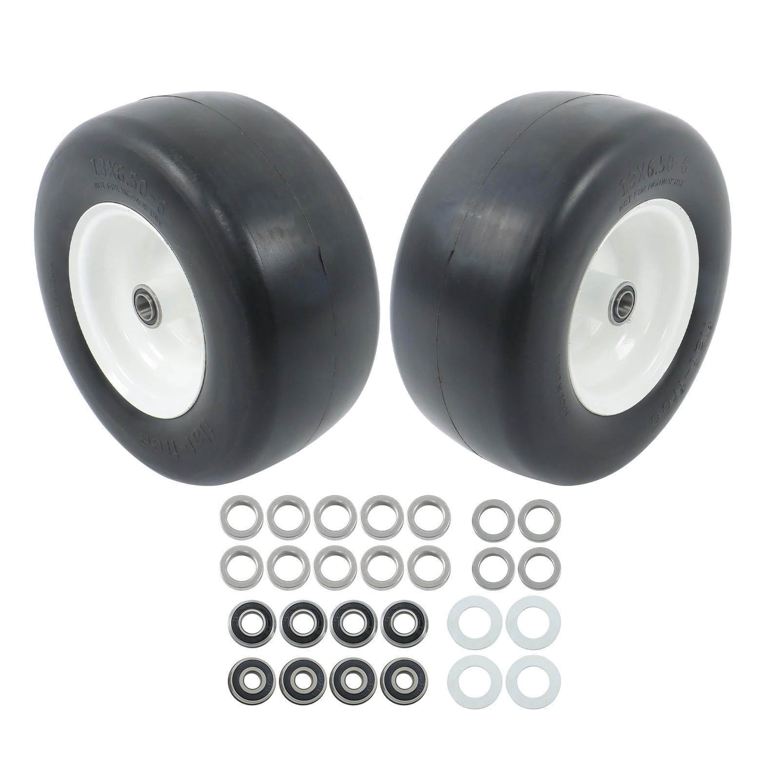 2PCS 13x6.50-6 Lawn Mower Tires Flat Free Tire & Wheel Solid Smooth PU White Rim