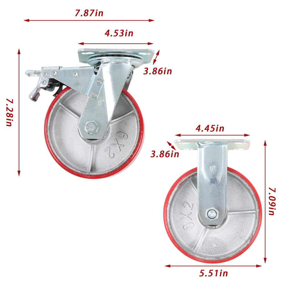 4 Pcs 6" × 2" Swivel Caster Wheels Industrial Casters (2 With Brakes, 2 Without)