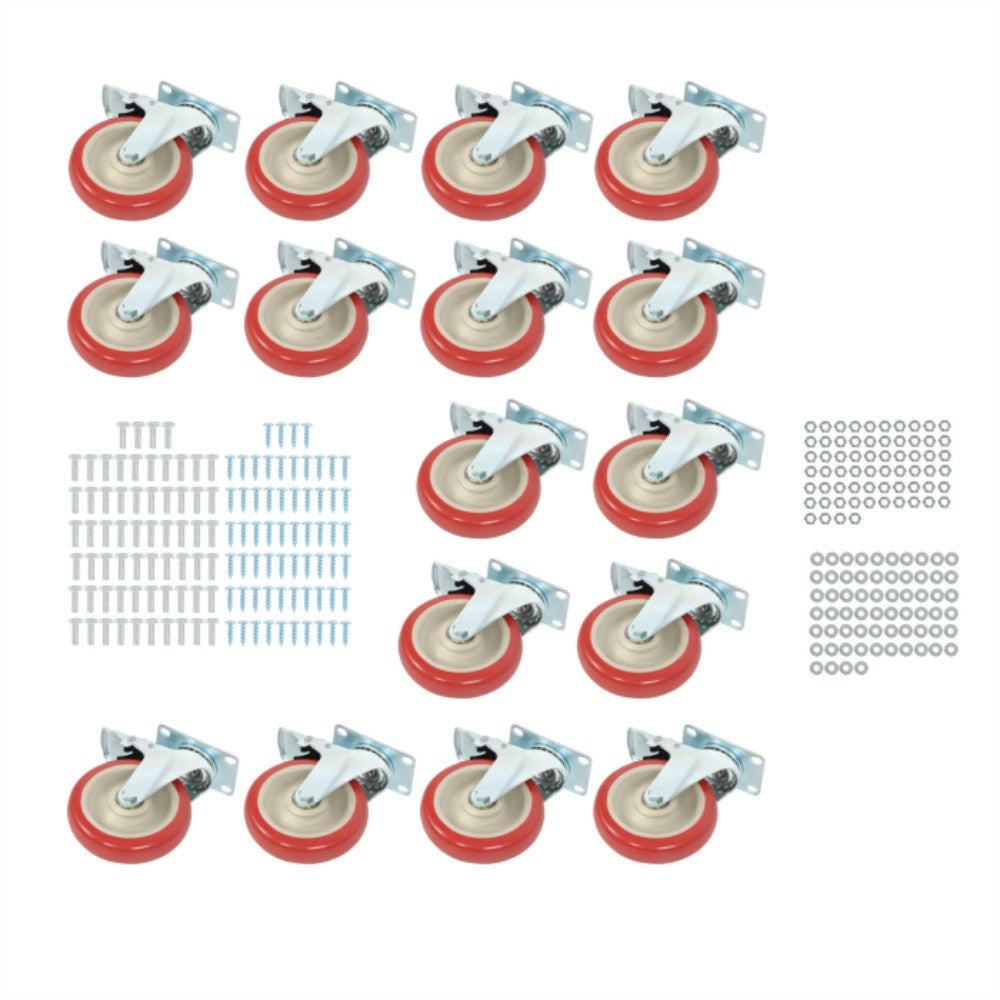 16 Pack Polyurethane Heavy Duty Swivel Caster Wheels 5'' With Brake Concave Hubs
