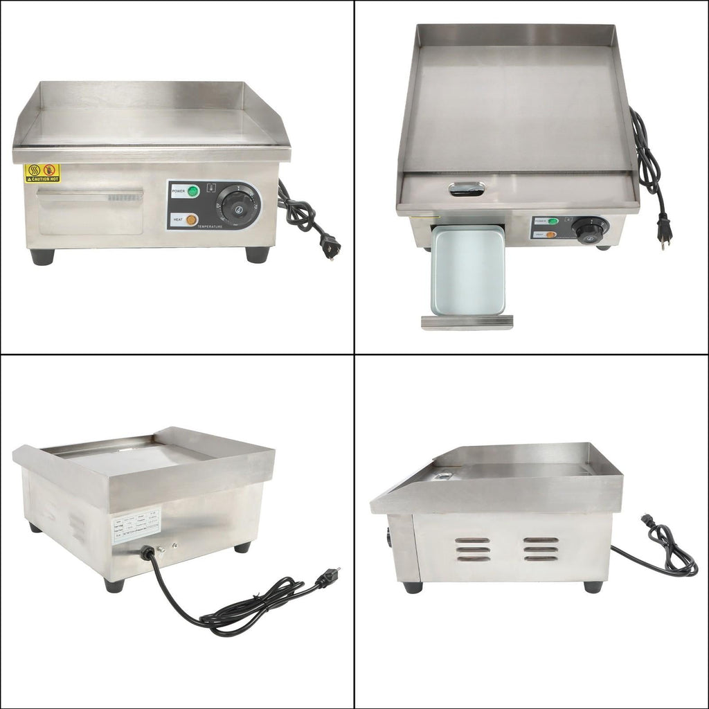 Adjustable Temp Electric Griddle, 1500W, 14in Stainless Steel Flat Grill