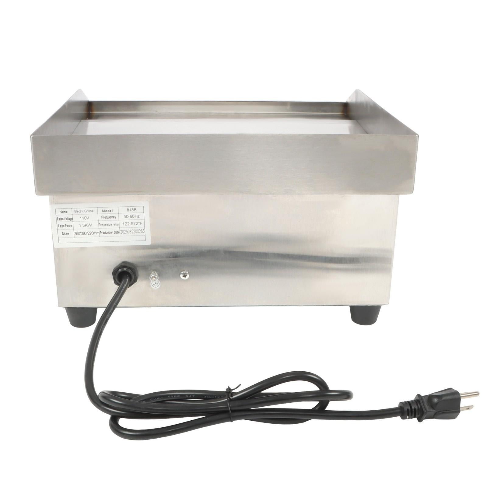 Adjustable Temp Electric Griddle, 1500W, 14in Stainless Steel Flat Grill