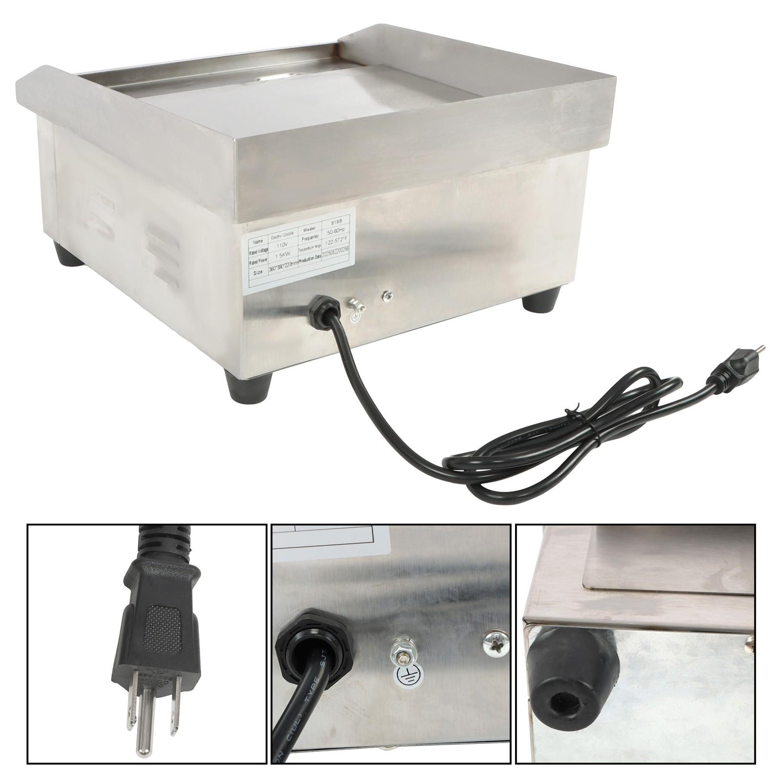Adjustable Temp Electric Griddle, 1500W, 14in Stainless Steel Flat Grill