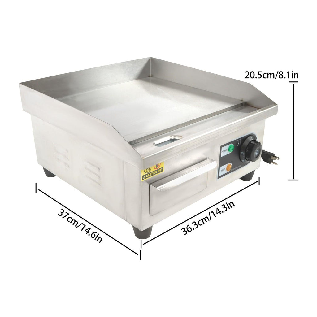 Adjustable Temp Electric Griddle, 1500W, 14in Stainless Steel Flat Grill