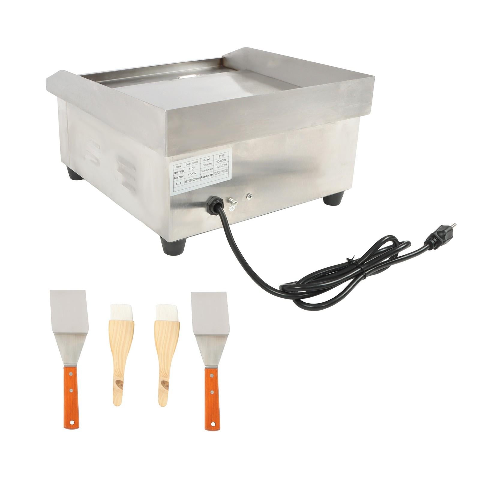 Adjustable Temp Electric Griddle, 1500W, 14in Stainless Steel Flat Grill