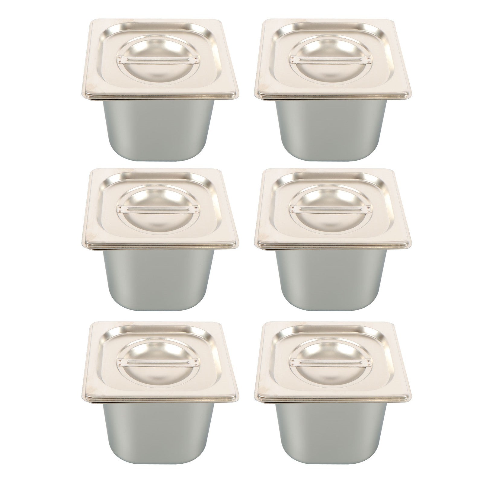 6 Pack Stainless Steam Hotel Pans 1/6 Size 6 Inch Deep With Lids