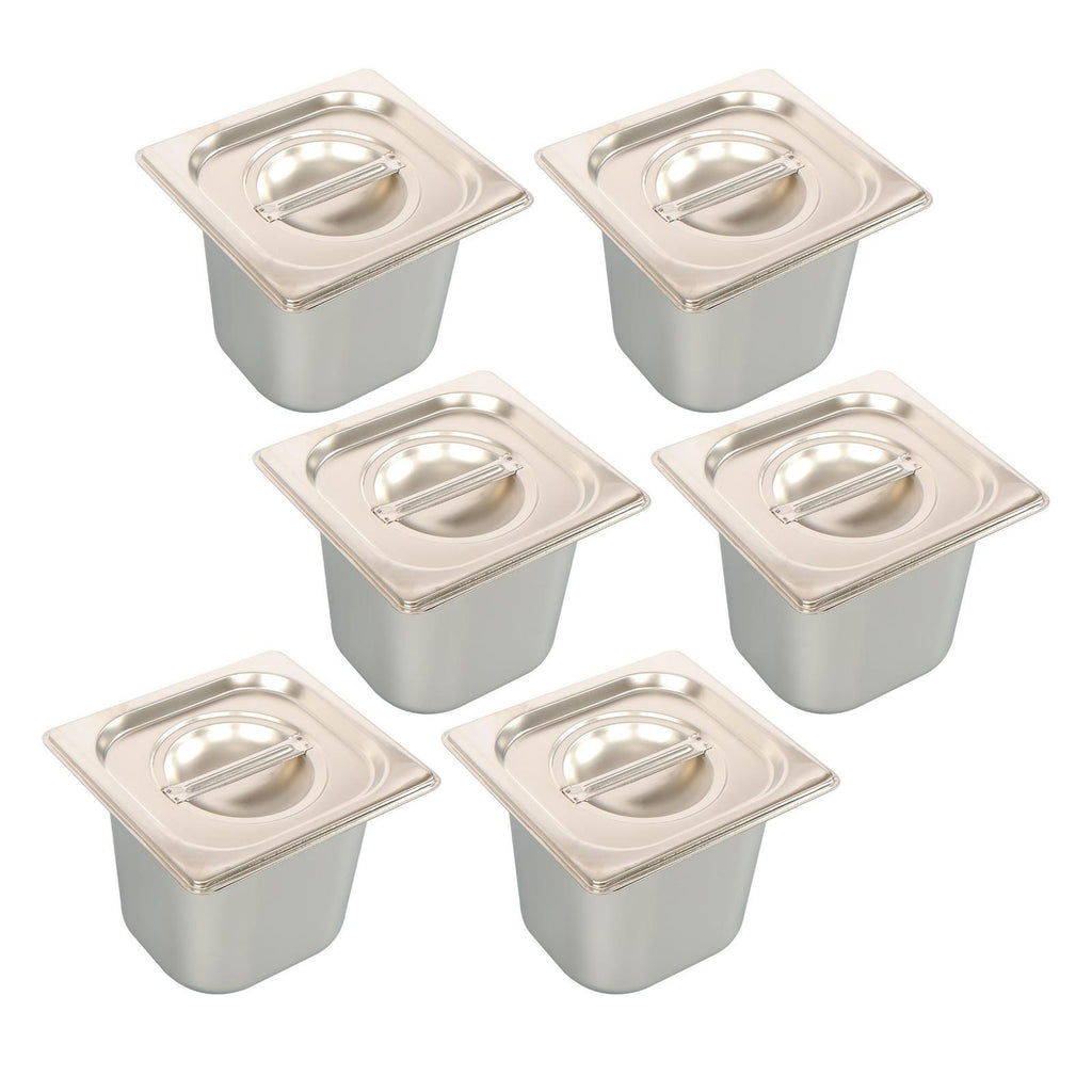 6 Pack Stainless Steam Hotel Pans 1/6 Size 6 Inch Deep With Lids