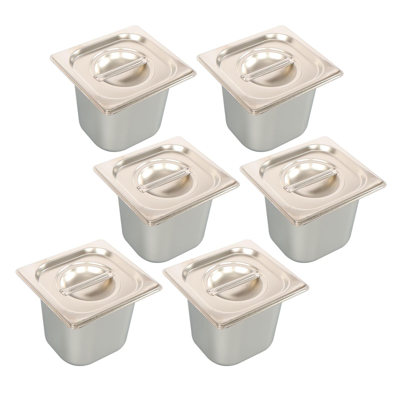 6 Pack Stainless Steam Hotel Pans 1/6 Size 6 Inch Deep With Lids