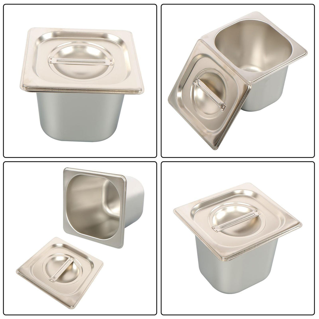 6 Pack Stainless Steam Hotel Pans 1/6 Size 6 Inch Deep With Lids