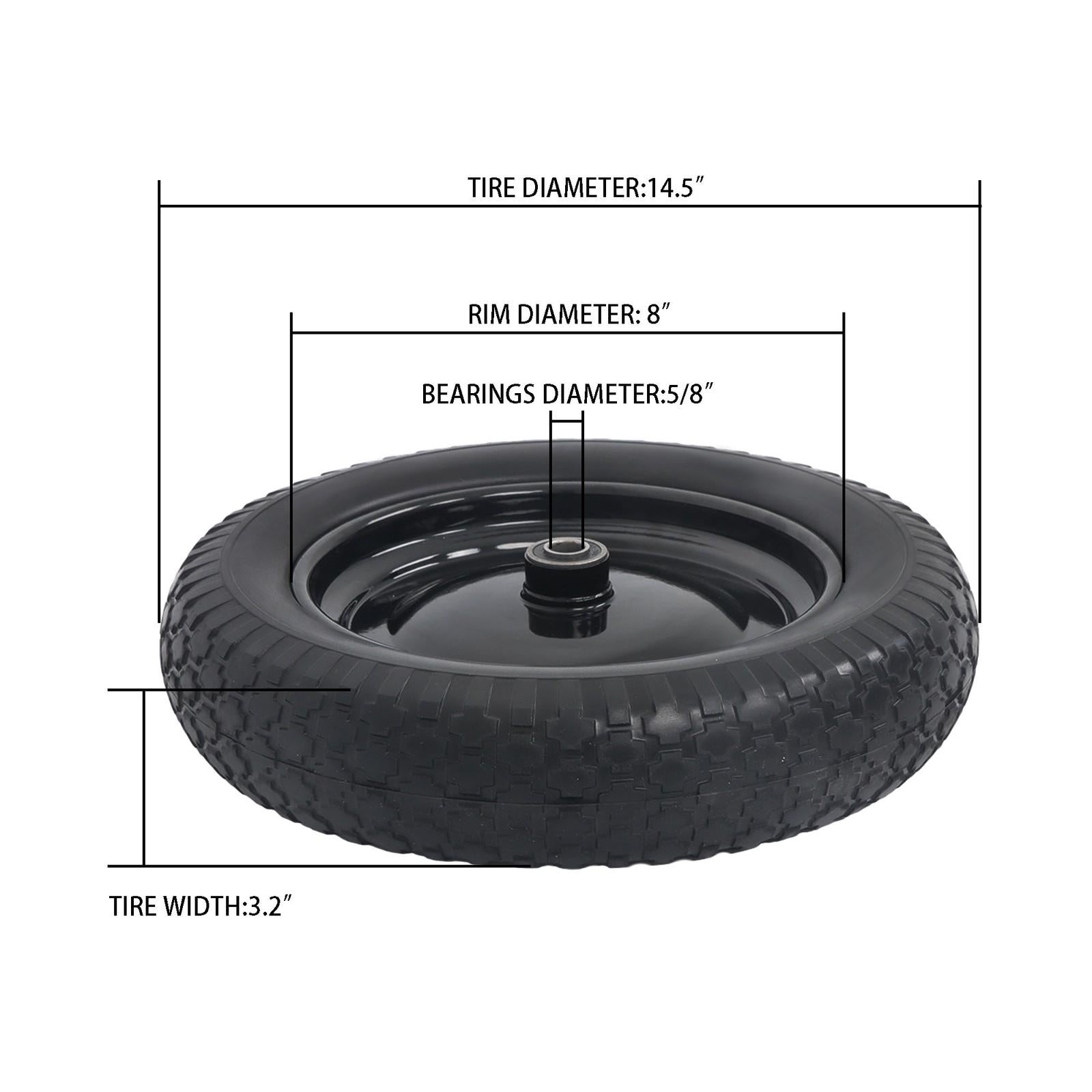 2 Pack 14.5-4.00-8" Flat Free Wheelbarrow Tire And Wheel - Solid Tire Black Hub