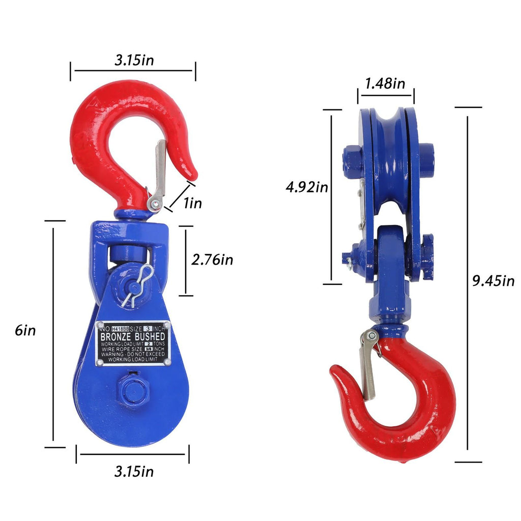 2 ton Snatch Block with Hook(2 Pack) 3" Sheave 3/8 Inch Wire Rope Snatch Pulley