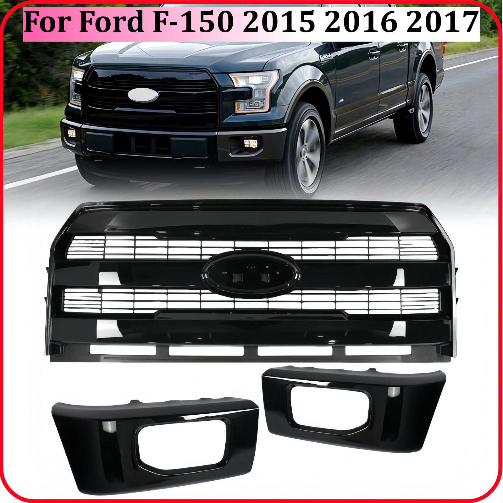 For Ford F-150 2015-2017 Front Upper Grille+Bumper Face Bar End Side Gloss Black