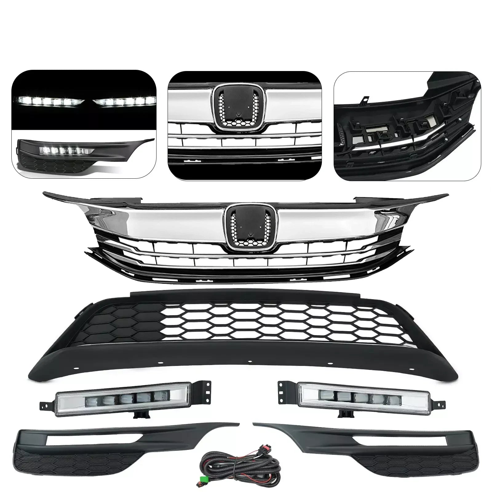 Front Upper Lower Grille LED Fog Lights Set for 2016 2017 for Honda Accord