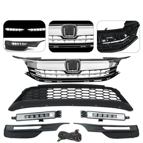 Front Upper Lower Grille LED Fog Lights Set for 2016 2017 for Honda Accord