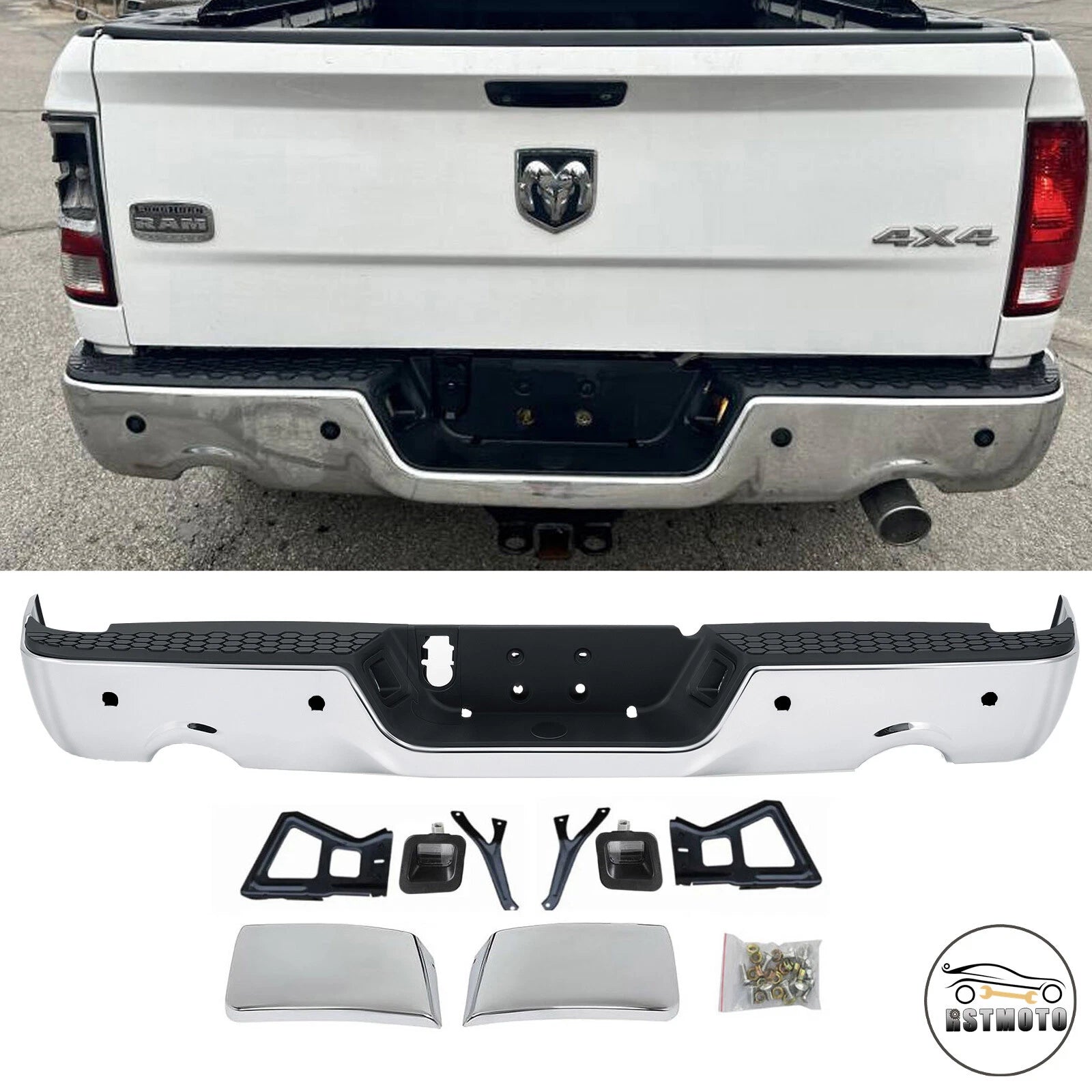 Chrome Rear Step Bumper w/Dual Exhaust & Sensor Holes for 2009-2018 Dodge RAM 1500